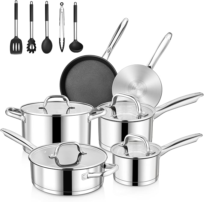 Walchoice 15-Piece Stainless Steel Cookware Set 3-Ply Base Kitchen Pots and Pans Set Non-toxic Induction Cooking Set Including Frying Pan Saucepan Oven &amp Dishwasher Safe All Stoves Compatible