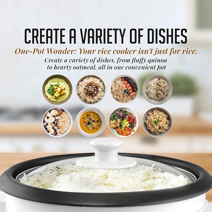 OVENTE Electric Rice Cooker and Food Steamer – 10-Cup Cooked Capacity (5 Cups Uncooked) Nonstick Removable Pot Keep Warm Function Steaming Basket Measuring Cup &amp Spatula Included White RCS01W