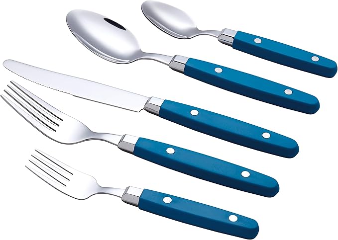 ANNOVA Silverware Set Retro/Rivet Colorful Stainless Steel Tableware Kitchen Flatware Set Utensils Includes Dinner Knives Forks Spoons Salad Forks &amp Dessert Spoons (Blue 20 Pieces)