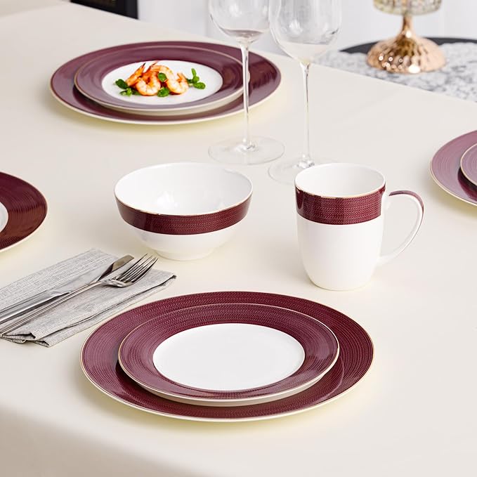 16-Piece Fine Bone China Dinnerware Set Dinner PlatesBowls and Mugs Set Dishware Set for 4 With Selected Christmas Premium Red and Green pattern White Embossed Spot Ornament and Gold Rim