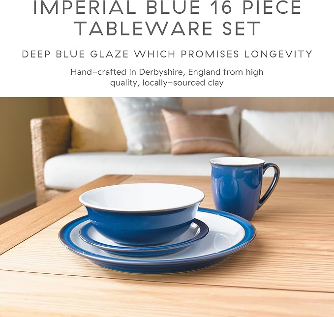 Denby Imperial Blue Dinner Set For 4 - 16 Piece Ceramic Tableware Set - Blue White - Dishwasher Microwave Safe Crockery Set - 4 Dinner Plates 4 Small Plates 4 Cereal Bowls 4 Coffee Mugs