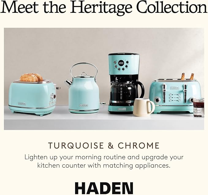 Haden Coffee Machine 12 Cup Programmable Drip Coffee Maker with Auto Shut-Off Function and Reusable Washable Water Filter Turquoise &amp Chrome