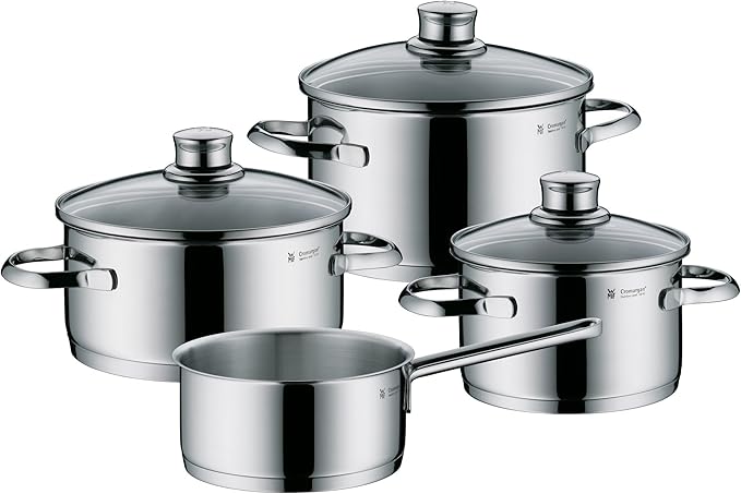 WMF Cooking Pot Set 4 Pieces Polished Frying Pan Casserole Pot Sapphire Rim Glass Saucepan Lid Cromargan Stainless Steel Suitable for Induction Cookers Dishwasher Safe