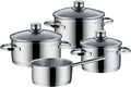 WMF Cooking Pot Set 4 Pieces Polished Frying Pan Casserole Pot Sapphire Rim Glass Saucepan Lid Cromargan Stainless Steel Suitable for Induction Cookers Dishwasher Safe