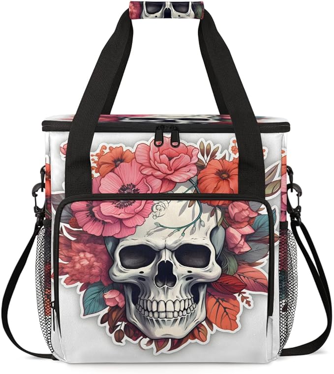 Skull Floral Coffee Maker Carrying Bag Portable Travel Storage Tote Bag Compatible with K-Mini or K-Mini Plus Single Serve Coffee Brewer Carrying Case with Multiple Pockets &amp Shoulder Strap
