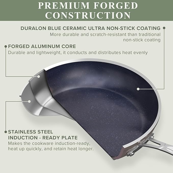 Nuwave Healthy Duralon Blue Ceramic Nonstick Cookware Set Diamond Infused Scratch-Resistant PFAS Free Dishwasher &amp Oven Safe Induction Ready &amp Evenly Heats Tempered Glass Lids &amp Stay-