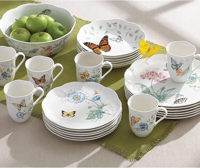 Lenox Dinnerware Set Butterfly Meadow 18-Piece Set Service For 6 White Porcelain Butterfly And Flower Designs Plates And Bowls Sets Dishwasher Safe Home &amp Kitchen (18 Pieces Assorted)