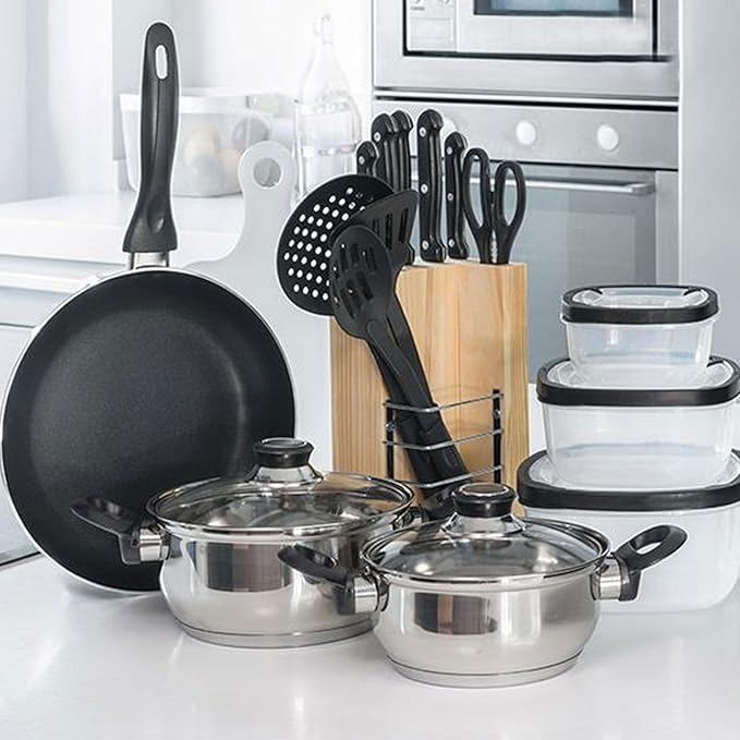 WELL HOME MOBILIARIO &amp DECORACIÓN 18 Piece Cookware Set (1 x Pan + 2 x Pots + 1 x Cutting Board + 1 x Scissors + 3 x Nylon Utensils + 4 x Tuppers + 1 x Wooden Block