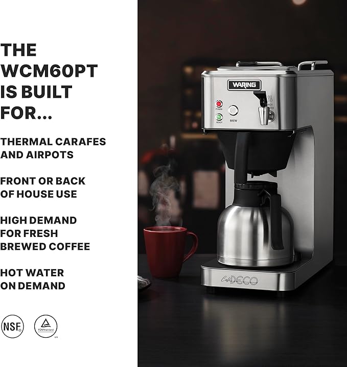 Waring WCM60PT Café Deco Automatic or Pour Over Thermal Carafe Coffee Brewer Stainless Steel Construction Hot water faucet Can be Plumbed or Used as a Pour Over No Warmers 120V 5-15 Phase Plug