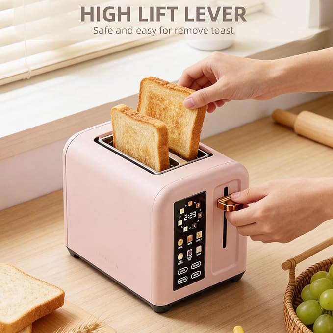 2-Slice Toaster with Touch Screen 7 Shade Settings Extra Wide Slots 6 Bread Function Stainless Steel with High Lift Lever Removable Crumb Tray 1350W (Pink)