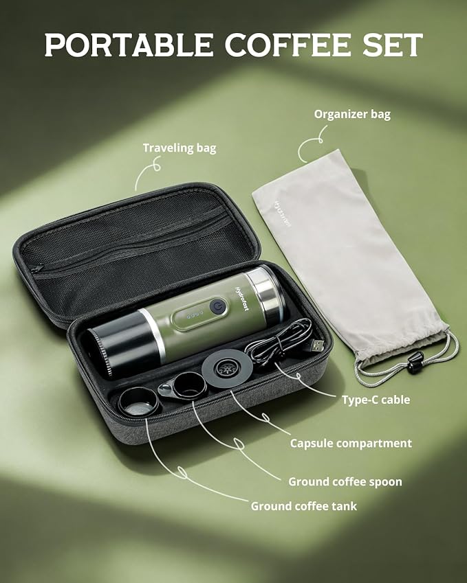 Portable Espresso Machine 9600mAh Travel Electric Coffee Maker with 20 Bar Self-Heating Lightweight Car Coffee Machine with NS Capsules &amp Grounds for RV Hiking Camping Office