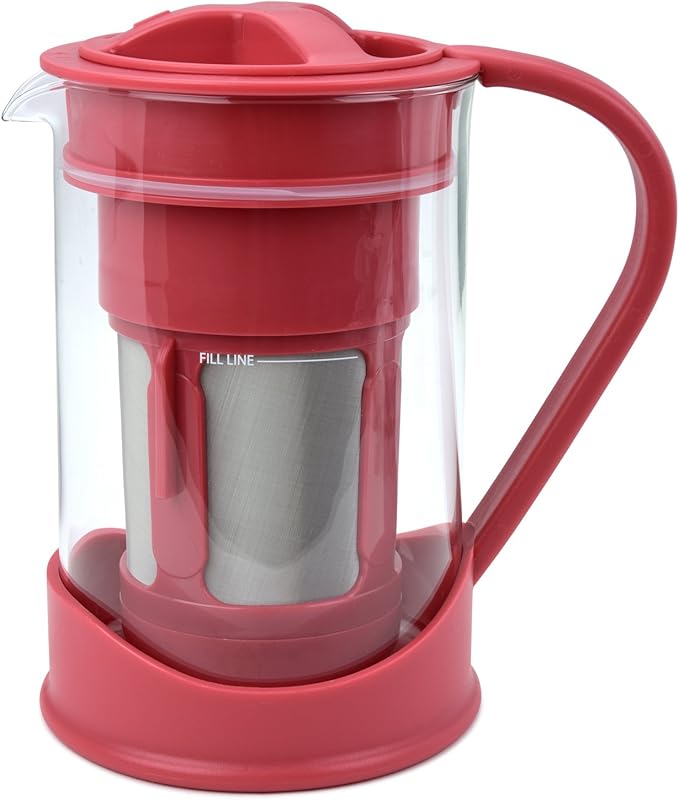 Cold Brew Coffee Maker 1 Liter (4-Cups) Capacity Great for Flavorful Iced Coffee That Stays Fresh Longer Borosilicate Glass Easy Cleaning Fun Ideas and Recipe Booklet 8x5 Inches Red