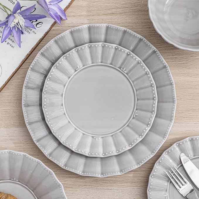 HOMBENE Dinnerware set 12 Piece plates and bowls sets for 4 Ceramic Modern dish set for party Porcelain dish set House gift Microwavable safe Light Grey