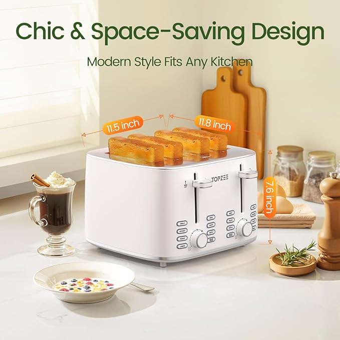 Topzee 4 Slice Toaster with Dual Independent Control 1.5” Wide Slots for Bagel Muffin Waffle Gluten Free Bread 7 Shade Settings Defrost &amp Reheat Stainless Steel Easy Clean White