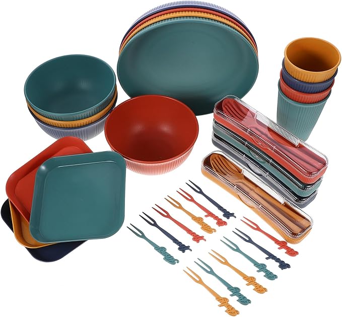 Wheat Straw Dinnerware Set with Plates Bowls Cups and Cutlery Lightweight Portable Tableware Kit for Home Dining and Outdoor Camping Picnic Use Random Color