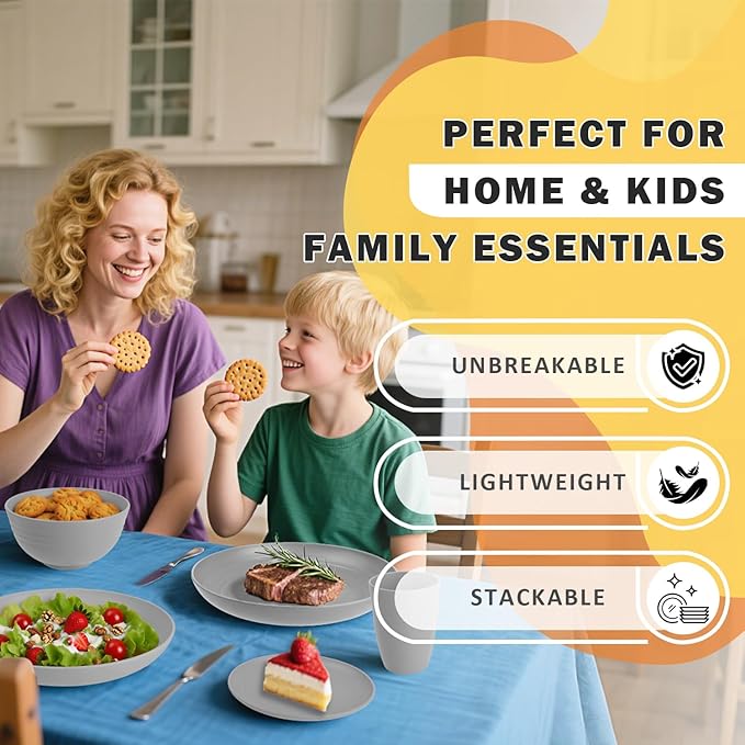 Wheat Straw Dinnerware Sets Plates and Bowls Sets 32 PCS Dinnerware Sets Service for 8 Unbreakable Reusable Plates Set Outdoor Kitchen and Apartment Dinning Essentials - Gray
