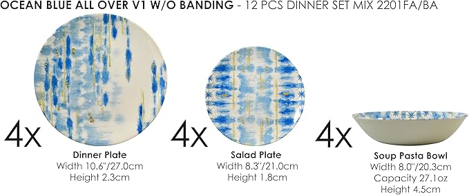 Tudor Royal 12-Piece Round Porcelain Dinnerware Set Service for 4 - Ocean Blue Design Plates Bowls Dishes Premium Quality Tableware Unique Pattern Glossy