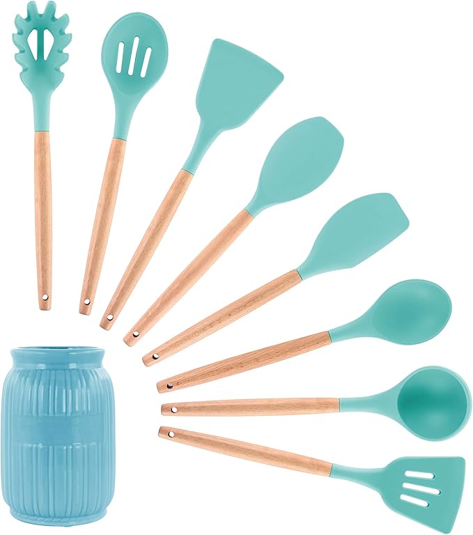 Megachef Tool Cookware Utensil Set with Ceramic Holder 9 Piece Light Teal and Wood Texture