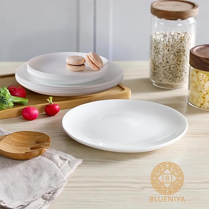 BLUENIYA 12 Piece Bone China Dinnerware Set - White Lightweight Chip &amp Break Resistant Dish Set for 4 - Modern Round Plates &amp Bowls Microwave &amp Dishwasher Safe for Everyday &amp Specia
