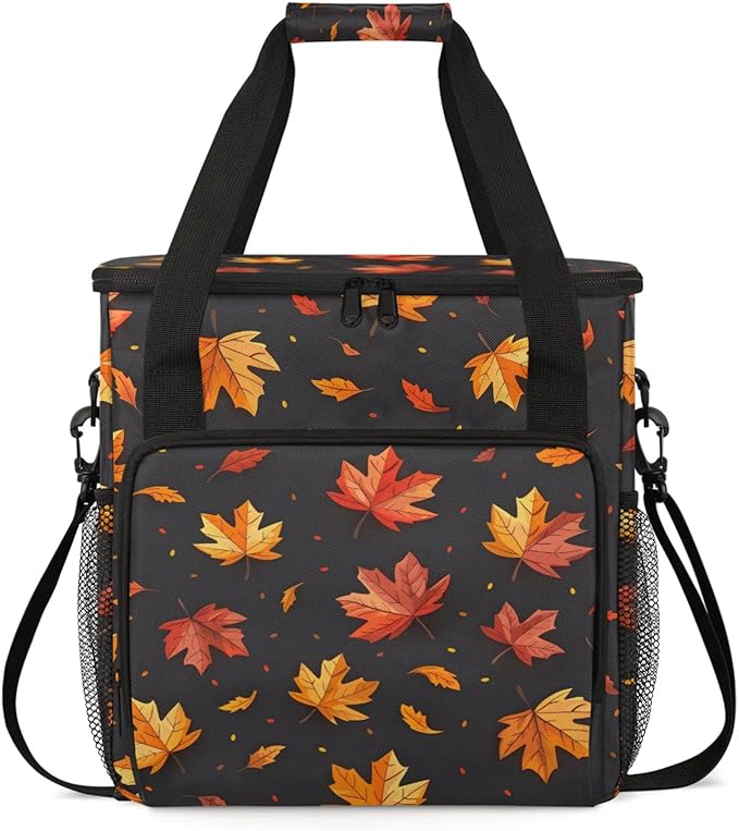 Maple Leaf Theme Coffee Maker Travel Bag for Keurig K-Mini/K-Mini Plus Insulated Waterproof Tote with Pockets for K-Cup Portable Single-Serve Brewer Case