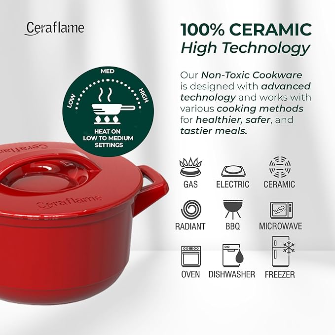 Pure Ceramic Healthy Non Toxic Cookware Set - Oven Safe Up to 1200F Microwave and Dishwasher Safe Longlasting and Lightweight - PFAS PTFE PFOA PFOS - Tomato Red