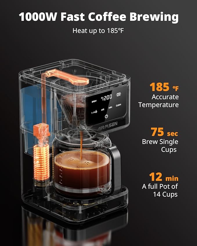 AIRMSEN 14-Cup Programmable Drip Coffee Maker – 1000W Fast Brewing Coffee Machine with Timer Delay Start &amp 2H Keep-Warm 73oz Tank Touchscreen &amp Glass Carafe – Perfect for Home &amp Office
