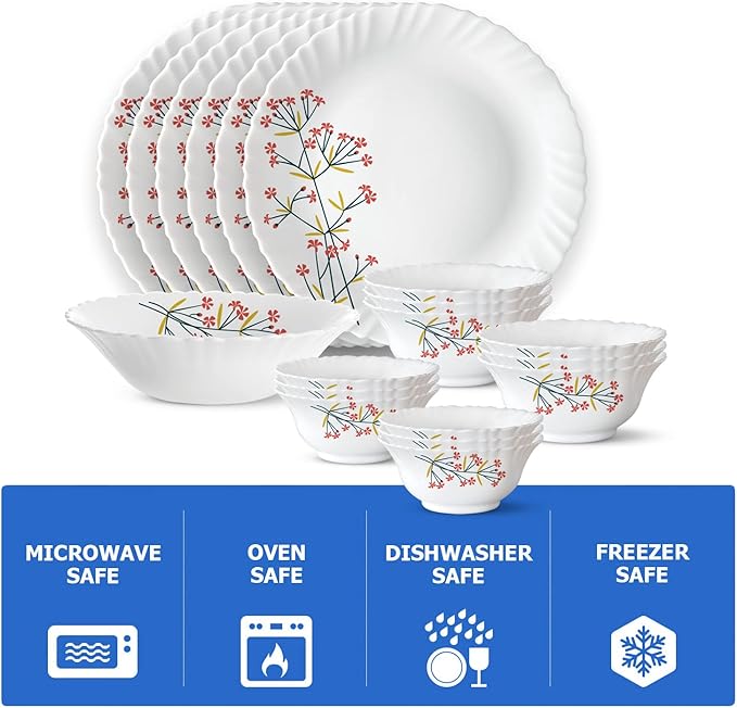 Borosil Gourmet Dinnerware Set For 6 19 Pieces White Dinner Plates and Bowls Sets Chip Resistant Tempered Opal Glass Stain Resistant Dishwasher &amp Microwave Safe Dinner Set For Gifting Serves