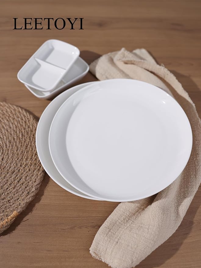 LEETOYI Ceramic Dishes and Plates 4-Piece Dinnerware Set Dinner Plates and Dipping dishes for Dessert Salad Pasta and Dip Microwave &amp Dishwasher Safe White