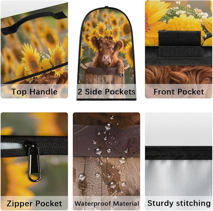 Kitchen Aid Mixer Cover Sunflowers Cute Highland Cow Stand Mixer Cover Compatible with 6-8 Quarts Stand Mixers Dust Covers with Zipper Pocket Foldable Washable Kitchen Aid Organizer Bag