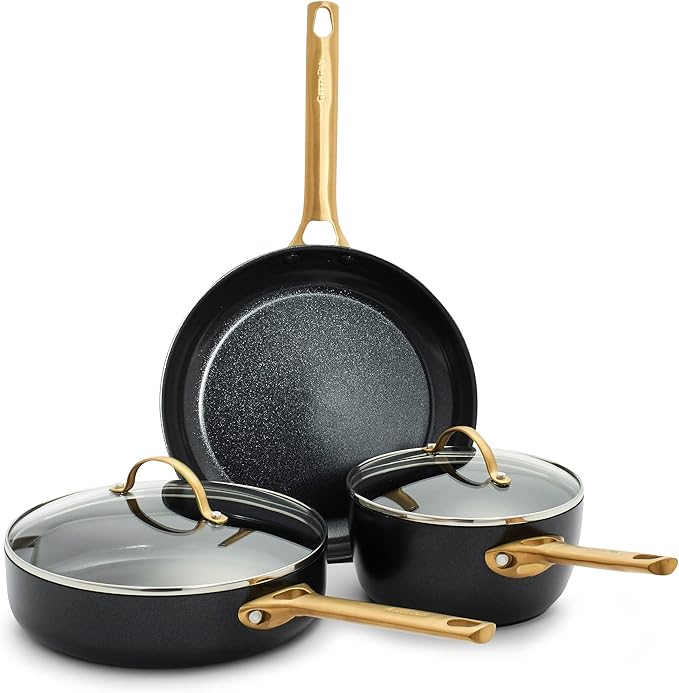 GreenPan Hard Anodized Healthy Ceramic Nonstick 5 Piece Cookware Pots and Pans Set Gold Handle PFAS-Free Dishwasher Safe Oven Safe Black