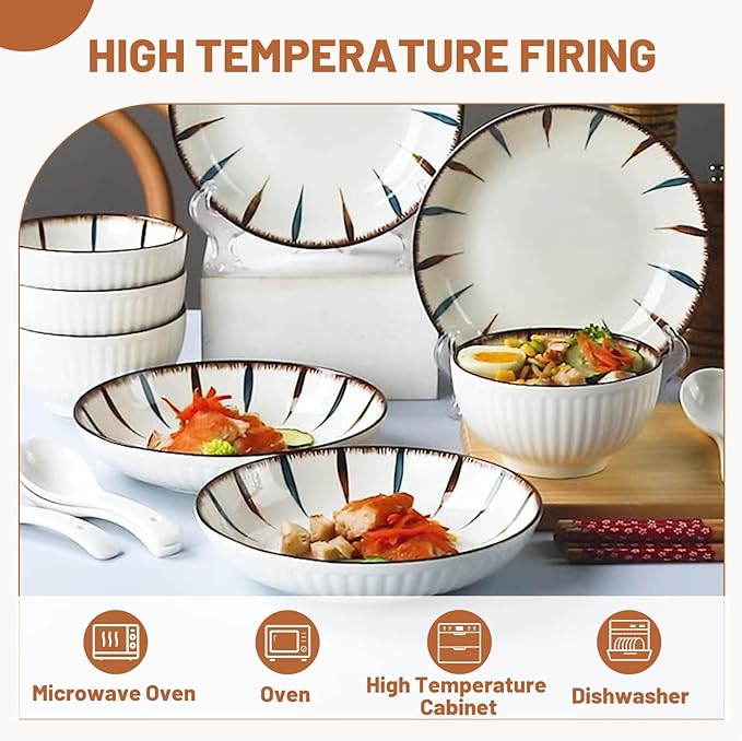 16 Pieces Dishware Sets Sophisticated Dinnerware Set for 4 Non-slip Bottom Plates and Bowls Dishes Sets High Temperature Firing Thick and Durability Safe and Healthy For Dessert Salad Soup Pasta