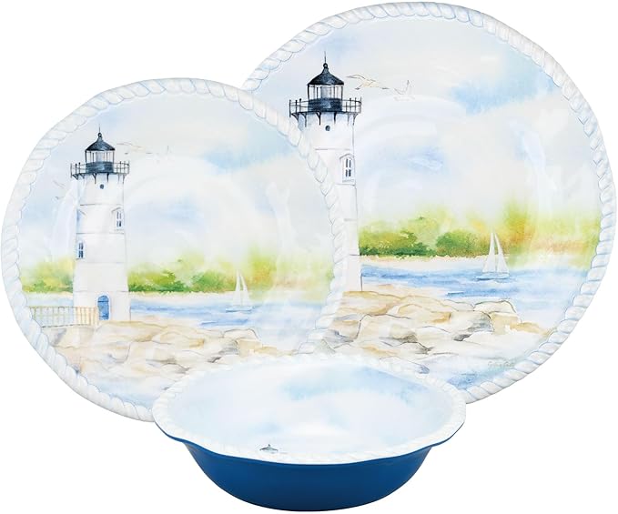 UPware 12 Piece Coastal Lighthouse Melamine Dinnerware Sets Outdoor Dishes Set Plates and Bowls Sets Service for 4 Blue