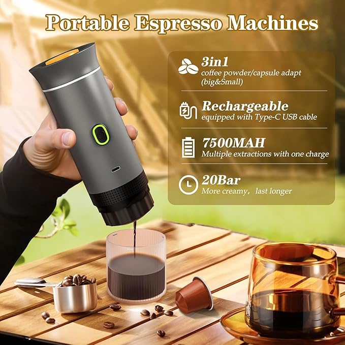 CAFFETTO - Portable 3-in-1 Coffee Maker (Capsule &amp Ground) - USB-C self-heating espresso machine - 20-bar pump pressure 7500mAh battery - One-touch operation detachable parts - Grey