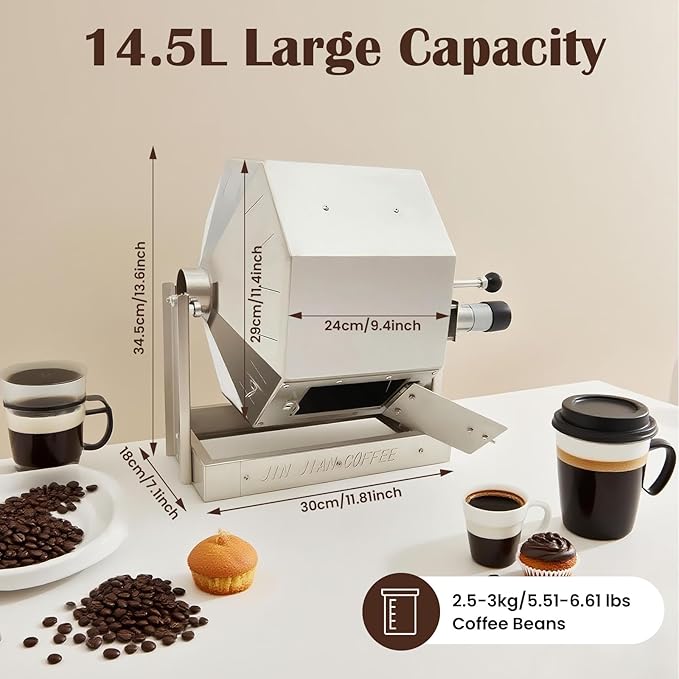 Coffee Bean Roaster 14.5L Gas Burner Drum Type Coffee Bean Baking Machine Stainless Steel Automatic Rotary Roasting Machine Peanut Roaster for Commercial and Home Use