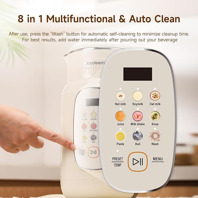 Joydeem Nut Milk Maker MachineAdjustable Temperature Control 46oz Almond Soy Oat Coconut Plant-Based Non-Dairy Beverage Blender with 10 Blades Auto Clean Boil Water Timer Keep Warm White