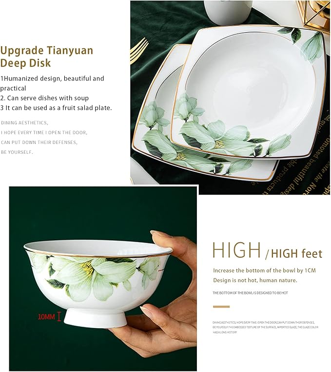 Dinner Sets for 10Bone China Porcelain Dinner SetJingdezhen Flowers Pattern Tableware Set Bowls and Plates-56 Pcs (Style 2)