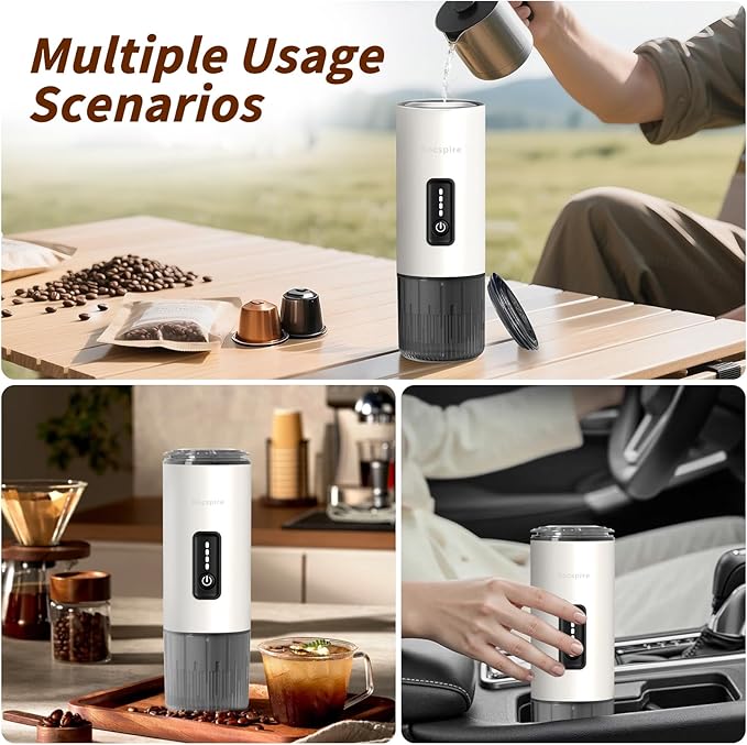 Portable Espresso Maker with Stainless Steel Body | 7500mAh Rechargeable Battery | 20 Bar Self-Heating with USB-C | Works with Most Capsules Compatible for Camping Travel Outdoor (White)