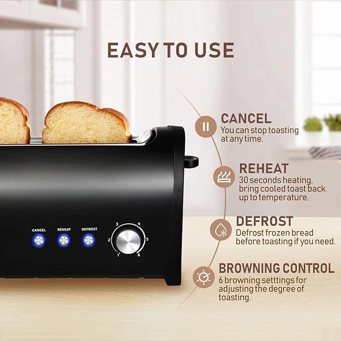 Long Slot Toaster with Cover 2 Slice 1.65'' Extra Wide Slot Stainless Steel Toasters with Reheat Defrost Cancel Functions6 Shade Settings Single Slim Bread ToasterRemovable Crumb TrayMatte Black