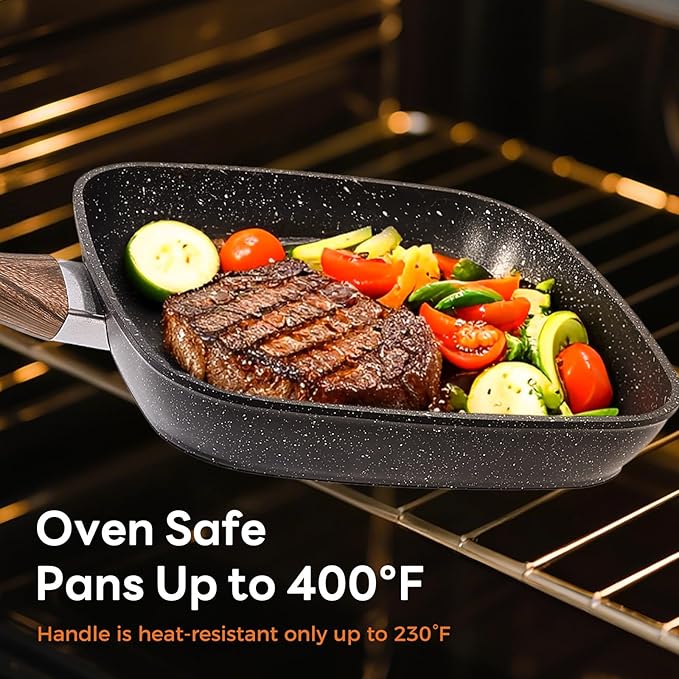 3-Piece Nonstick Grill Pan Set Square Griddle Pans with Wooden Handle Compatible with All Stovetops Ideal for Steak BBQ &amp Vegetables 9.5 10.2 11 Black