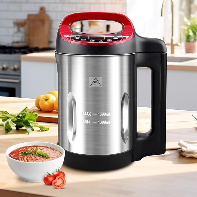 Homtone 1.6L Soup Maker Machine Stainless Steel Soup Maker Blender with Smooth &amp Chunky Settings Anti-Dry Burn Overfill Sensors Ideal for Quick Soups Baby Food