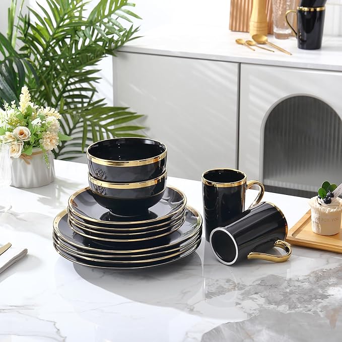 16-Piece Black and Gold Dinnerware Set for 4 Elegant Porcelain Plates and Bowls Set with Golden Rim Modern Luxury Tableware Service Complete Dish Set for Home Dining and Gifts