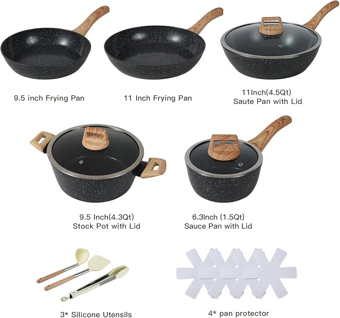 Ceramic Cookware Sets 15PCS Pots and Pans Set Non Stick (black15)