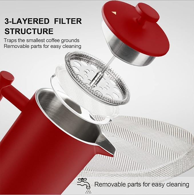 Secura French Press Coffee Maker 304 Grade Stainless Steel Insulated Coffee Press with 2 Extra Screens 34oz (1 Litre) Red