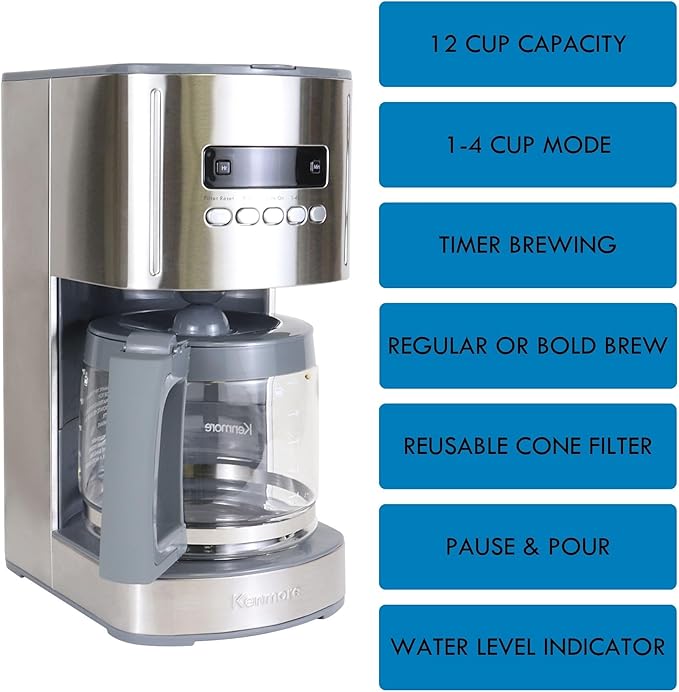 Kenmore Drip Coffee Maker - 12 Cup Programmable Cafe Machine With Glass Pot Regular &amp Bold Brew Auto Shut Off Large Water Reservoir Reusable Filter Kitchen Appliances For Cafeteria Barista