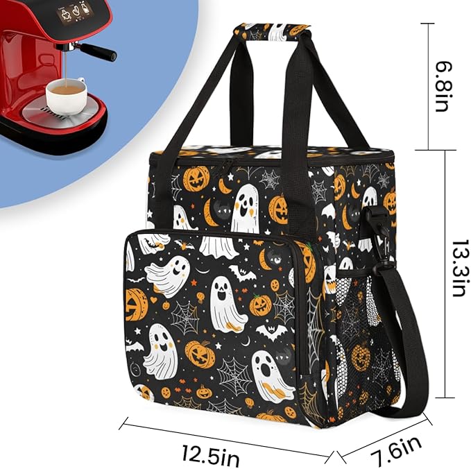 Bats Pumpkins Ghosts Coffee Maker Carrying Bag Portable Travel Storage Tote Bag Compatible with K-Mini or K-Mini Plus Single Serve Coffee Brewer Carrying Case with Multiple Pockets &amp Shoulder St