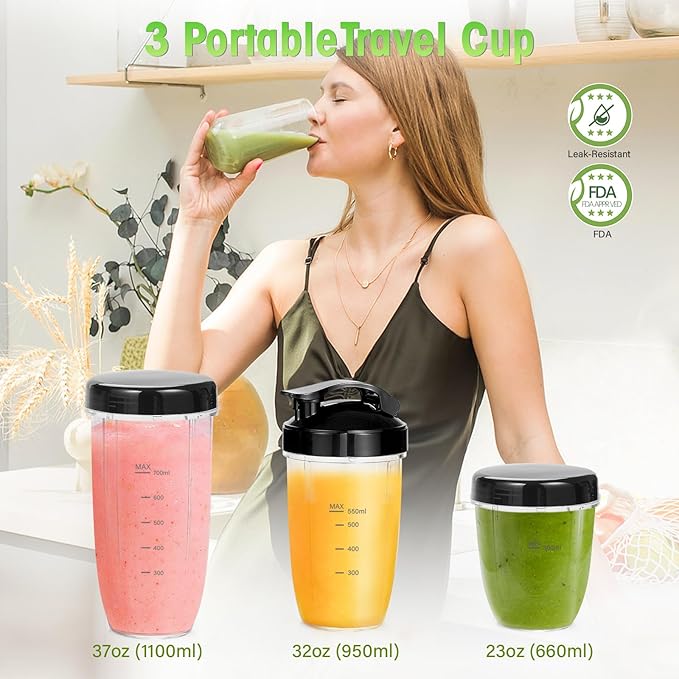 Nahida Blender for Smoothies 1200W Smoothie Blender for Ices Crushing Blenders with (2) 6-Fin Blades Personal Blenders for Kitchen with 23oz 32oz 37oz Easy Go Cups for Juices 1200W Brown
