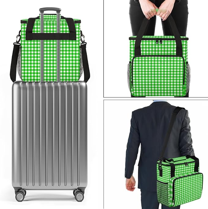 Green Plaid Coffee Maker Carrying Bag Portable Travel Storage Tote Bag Compatible with K-Mini or K-Mini Plus Single Serve Coffee Brewer Carrying Case with Multiple Pockets &amp Shoulder Strap