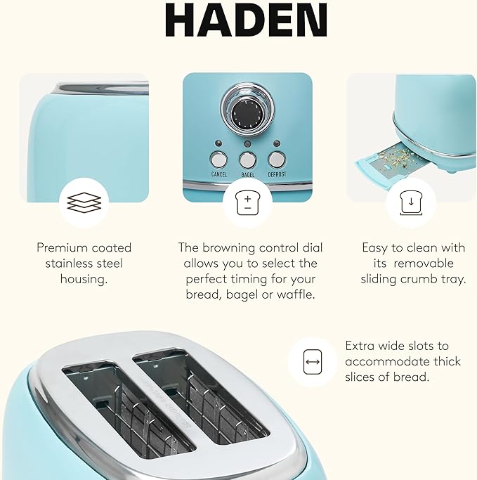 Haden Heritage 2 Slice Wide Slot Stainless Steel Toaster with Adjustable Browning Control &amp Non-Slip Feet Turquoise &amp Chrome
