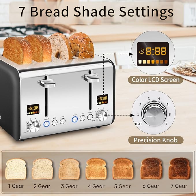 SEEDEEM 4 Slice Stainless Toaster - Color LCD Display 7 Shade Settings 1.5'' Wide Slots Bagel/Defrost/Reheat Functions Removable Crumb Tray Dark Chocolate 1800W