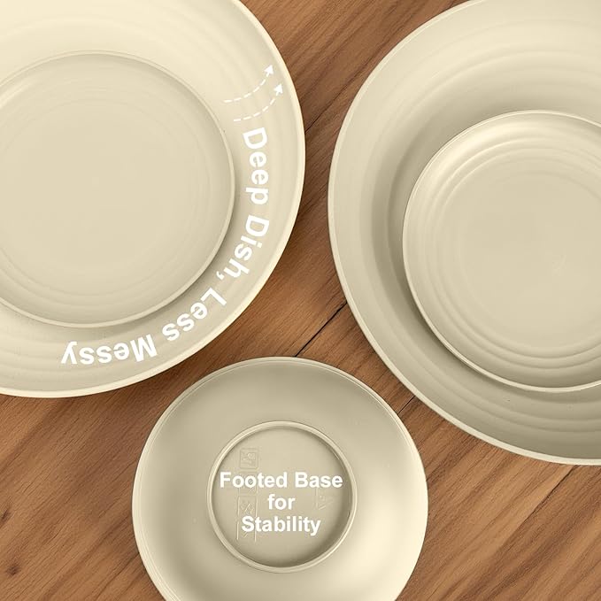 Wheat Straw Dishes Set Service for 8 Reusable Plastic Dinnerware Set 32 PCS Kitchen Plates and Bowls sets Unbreakable Microwave and Dishwasher Safe Camping Dishes for RV Outdoor - Beige